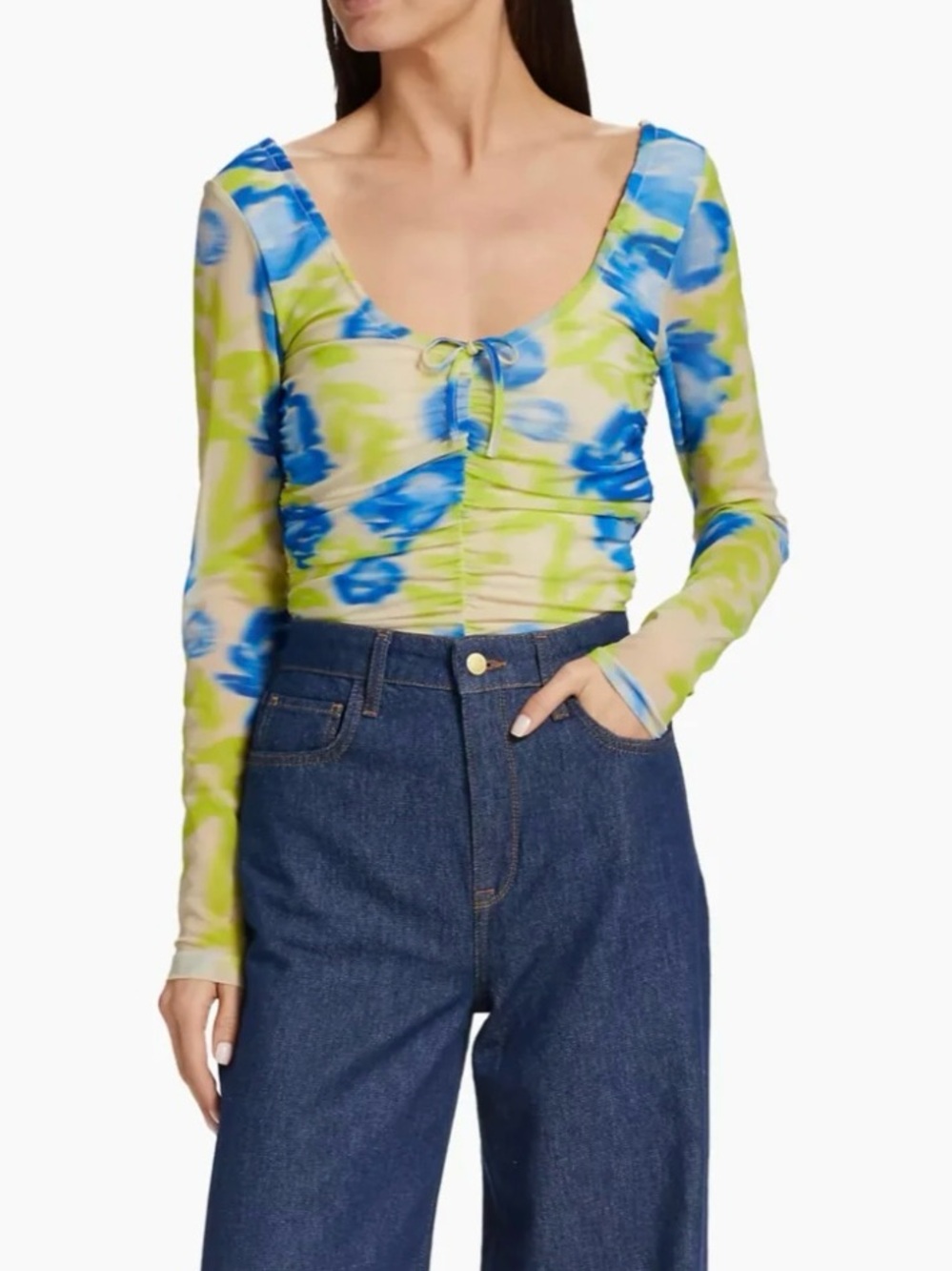 ganni floral mesh blouse - ruched blue green top euc S